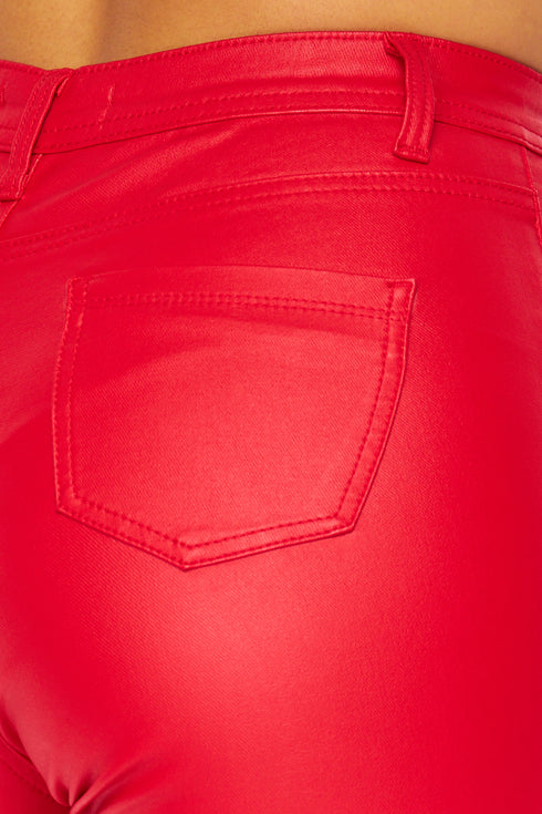 Super High Waisted Faux Leather Stretchy Skinny Jeans - Red - SohoGirl.com